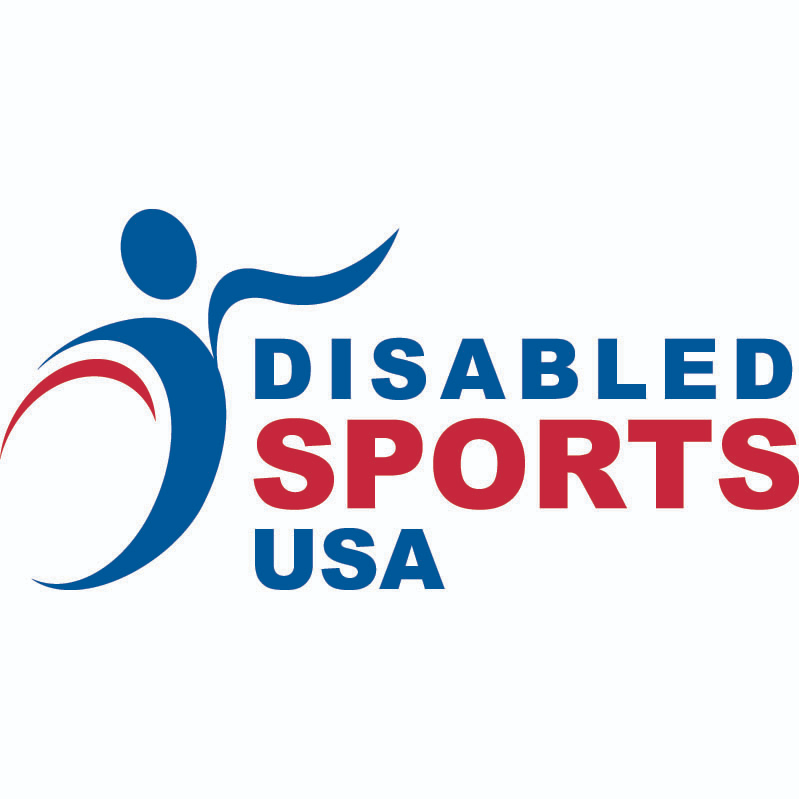 disabled sports USA logo, blue stick figure with wavy arms above the words, Disabled Sports USA
